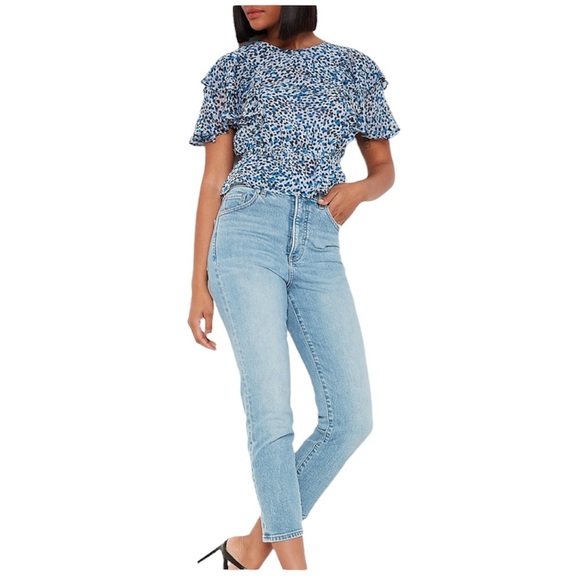 EXPRESS Leopard Print Tiered Ruffle Sleeve Peplum Top - Picture 3 of 10